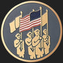 Metal Stickems 2-inch round patriotic sticker featuring embossed gold figures carrying an American flag on dark grey.