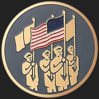 Metal Stickems 2-inch round patriotic sticker featuring embossed gold figures carrying an American flag on dark grey.