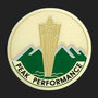 Metal Stickems 2-inch round metal sticker featuring a gold star, green mountain motif, and Peak Performance text.