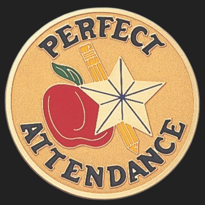 Metal Stickems 2-inch round Perfect Attendance sticker with red apple, gold star, and pencil design.