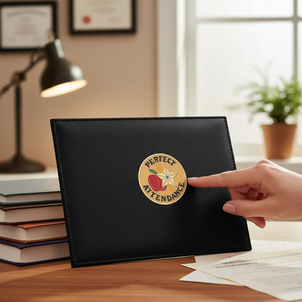 Metal Stickems 2-inch round Perfect Attendance sticker with apple and star design applied to a black folder.