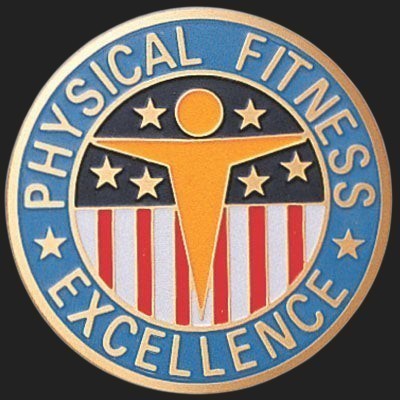 Metal Stickems 2-inch round Physical Fitness Excellence sticker with blue, gold, red, and white athletic emblem.