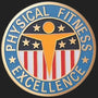 Metal Stickems 2-inch round Physical Fitness Excellence sticker with blue, gold, red, and white athletic emblem.