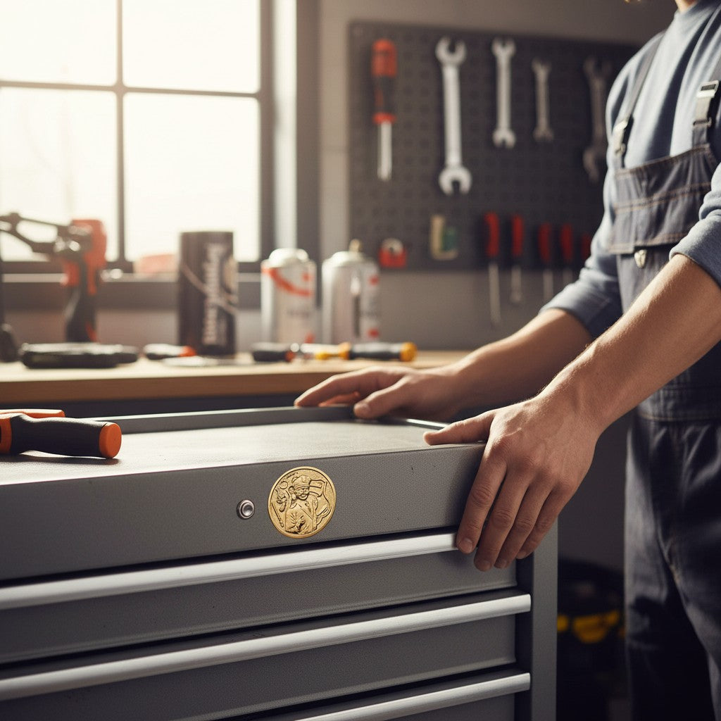 Metal Stickems police officer emblem sticker with embossed badge and gear design applied to a grey metal toolbox.