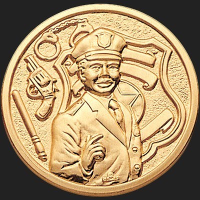 Metal Stickems 2-inch gold-tone metal sticker featuring an embossed police officer with badge, handcuffs, and baton.