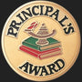 Metal Stickems 2-inch round gold-tone Principal's Award sticker featuring a lamp of knowledge and stacked books.
