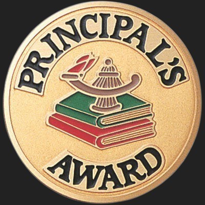 Metal Stickems 2-inch round gold-tone Principal's Award sticker featuring a lamp of knowledge and stacked books.