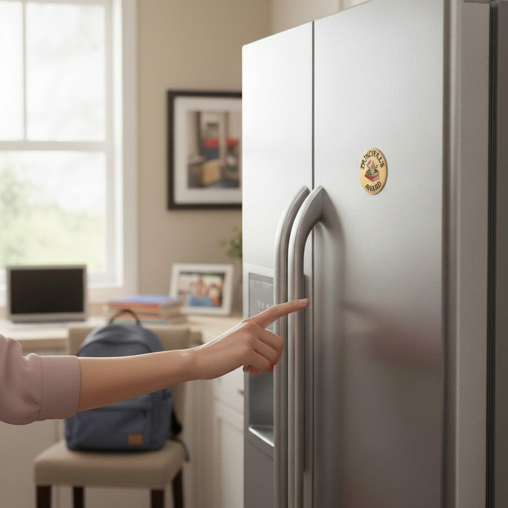 Metal Stickems 2-inch gold-tone Principal's Award sticker applied to a stainless steel refrigerator door
