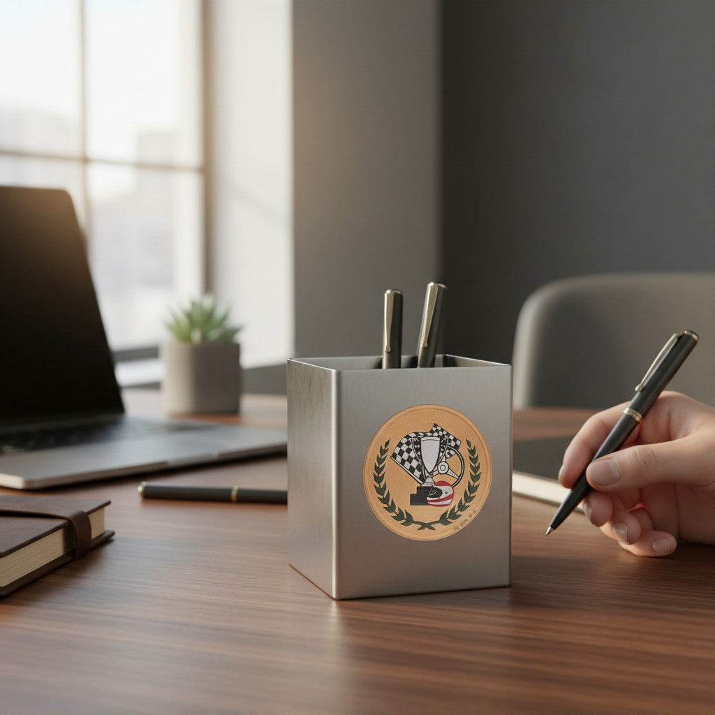 Metal Stickems gold-toned racing trophy metal sticker featuring a checkered flag and laurel wreath on a pen holder.