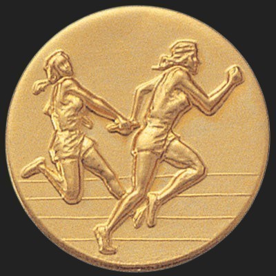 Metal Stickems 1-inch gold embossed sticker featuring two relay race track athletes passing a baton.