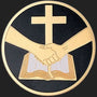 Metal Stickems 2-inch religious sticker featuring a gold cross, praying hands, and Bible on a black background.