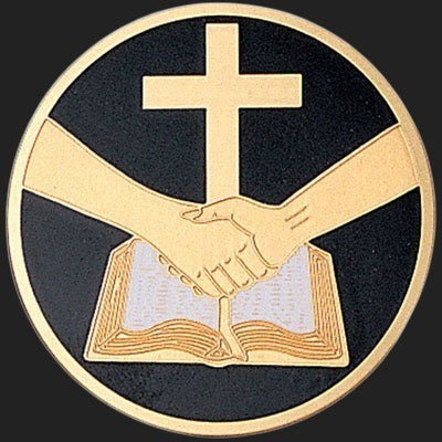 Metal Stickems 2-inch religious sticker featuring a gold cross, praying hands, and Bible on a black background.