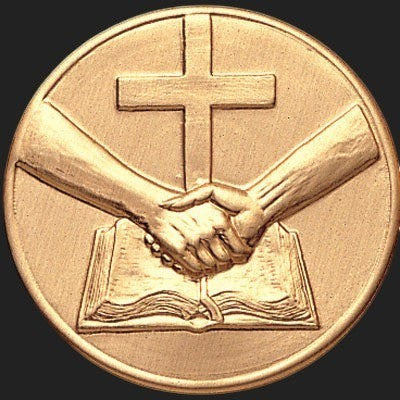 Metal Stickems 2-inch gold-tone circular sticker featuring an embossed handshake, open Bible, and cross design.