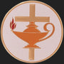 Metal Stickems 2-inch round metal sticker featuring a gold lamp and cross design with a red flame on a white background