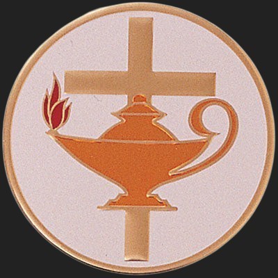 Metal Stickems 2-inch round metal sticker featuring a gold lamp and cross design with a red flame on a white background