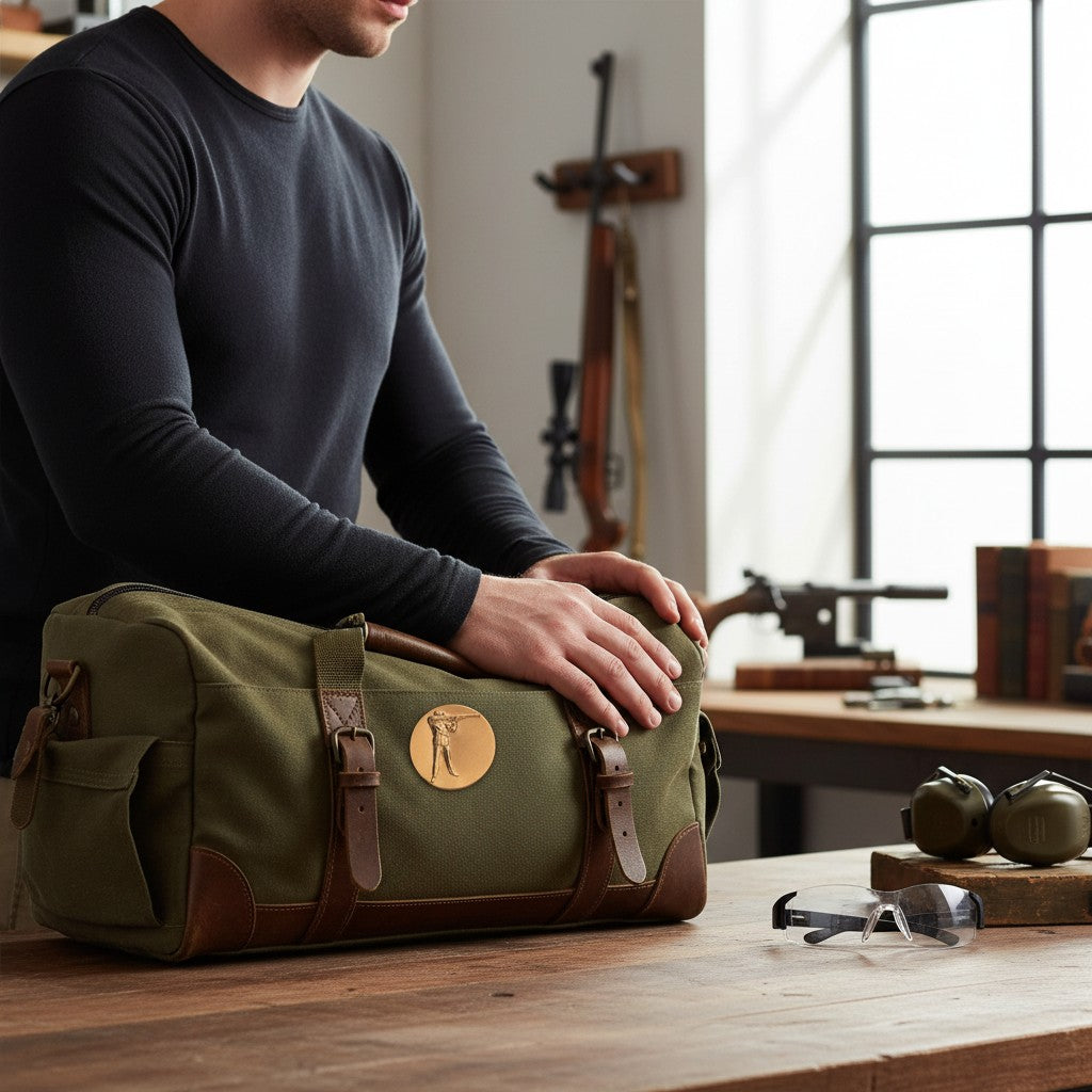 Metal Stickems 2-inch gold metallic rifle shooter emblem applied to an olive green canvas gear bag on a wooden table.