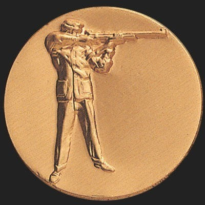 Metal Stickems 2-inch round adhesive emblem featuring an embossed gold-tone rifle shooter in a classic stance.