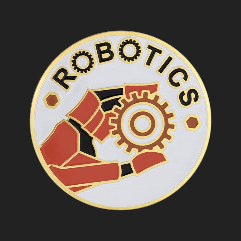 Metal Stickems 2-inch robotics engineering sticker with a robotic hand, gear, and red, gold, and white enamel design.