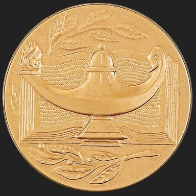 Metal Stickems 2-inch round gold adhesive sticker featuring an embossed lamp of knowledge and laurel leaf design.
