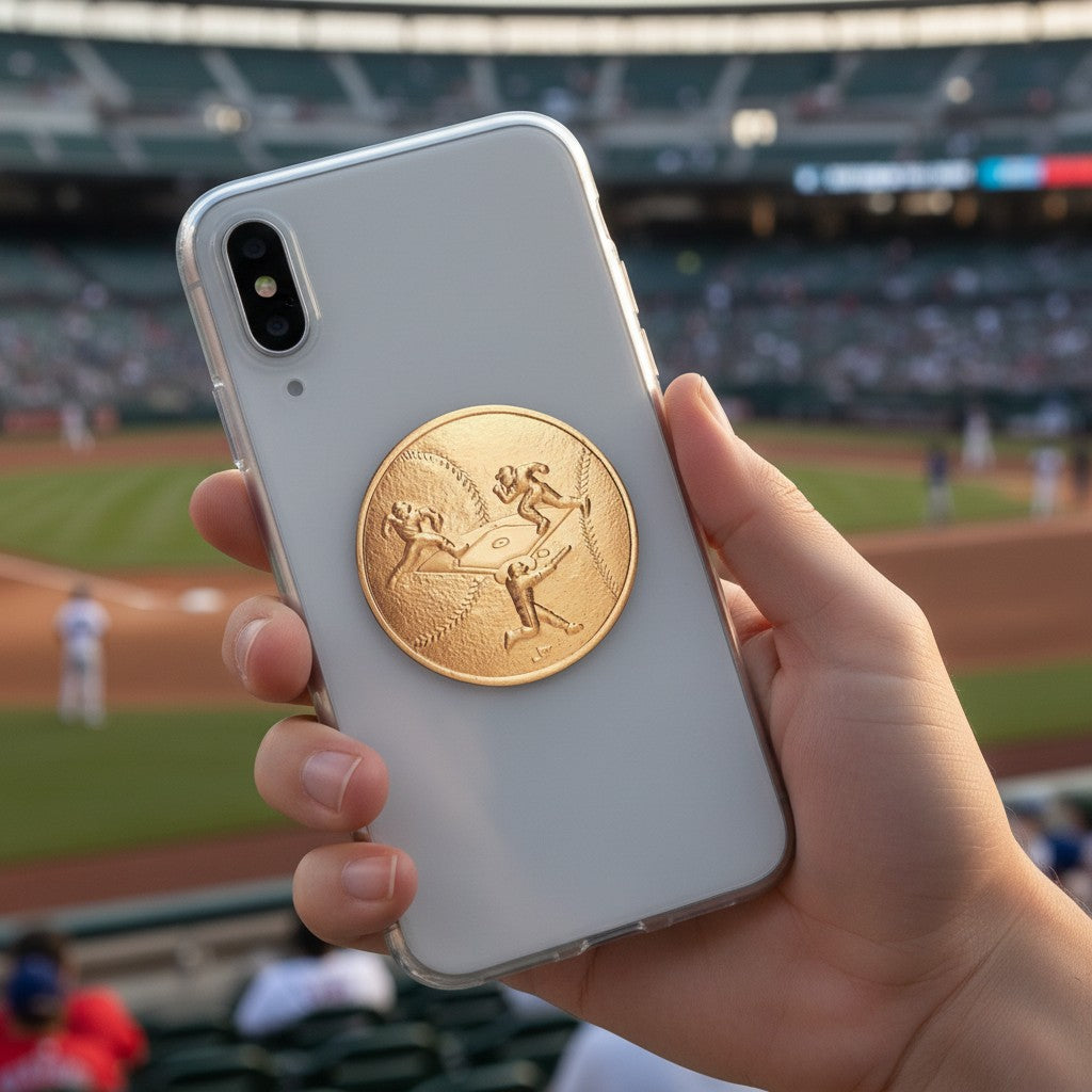 Metal Stickems round gold baseball sticker with embossed player design on a smartphone case at a stadium.