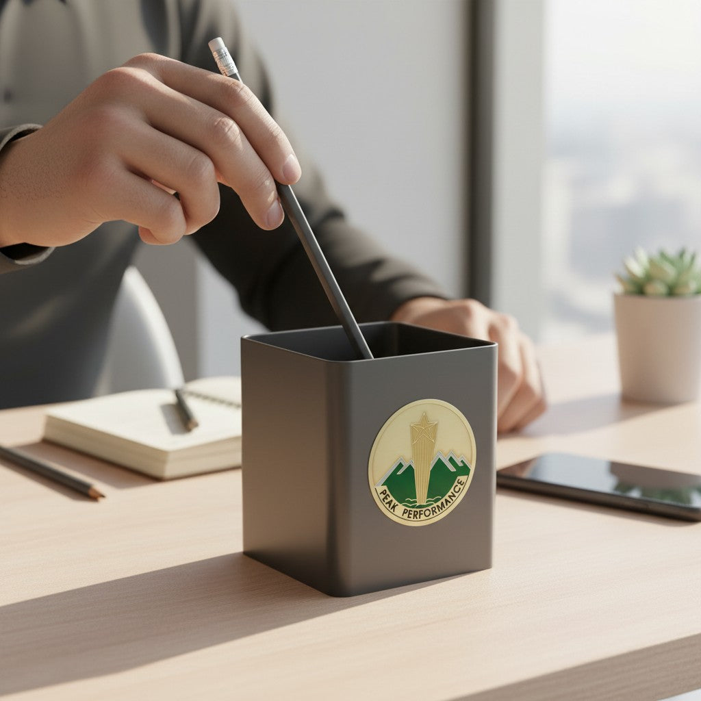 Metal Stickems round gold and green Peak Performance sticker featuring a star and mountain design on a desk cup.