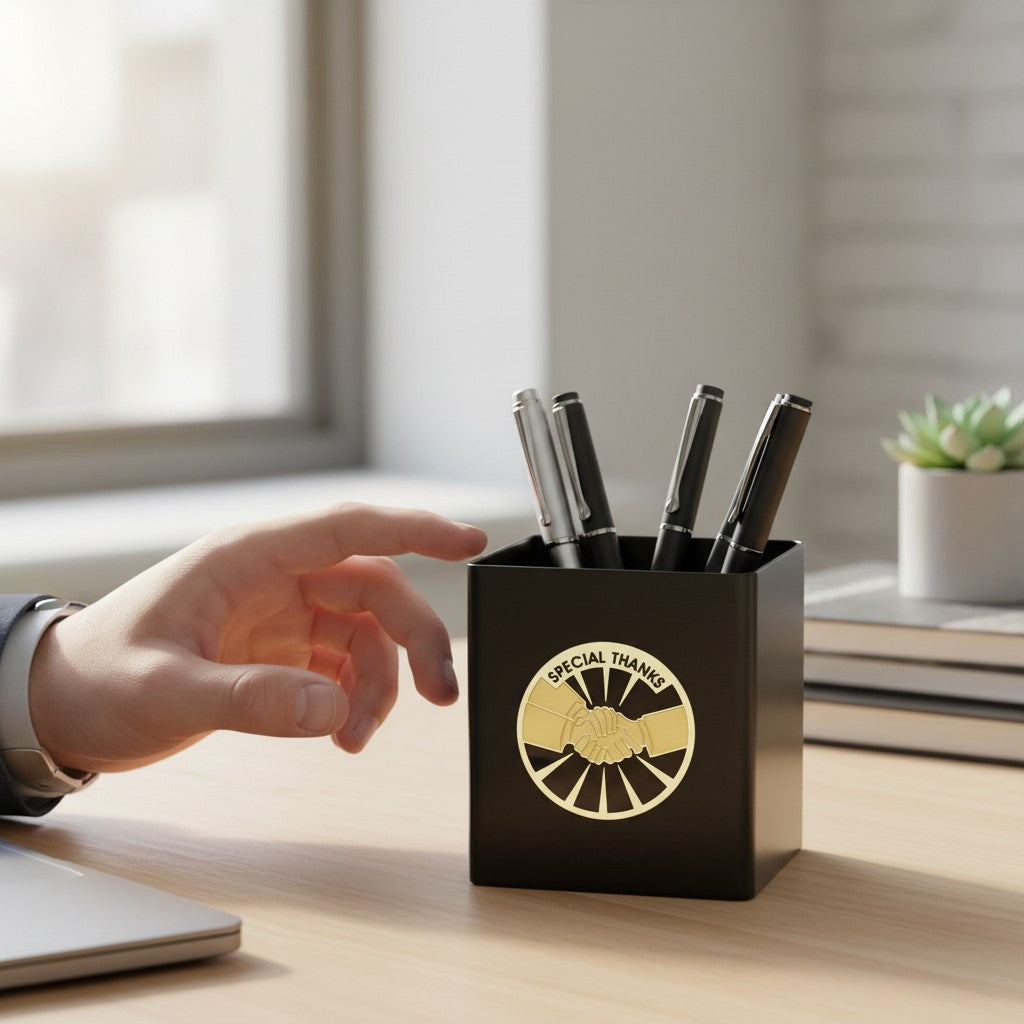 Metal Stickems round gold Special Thanks sticker with handshake design on a black desk pen holder