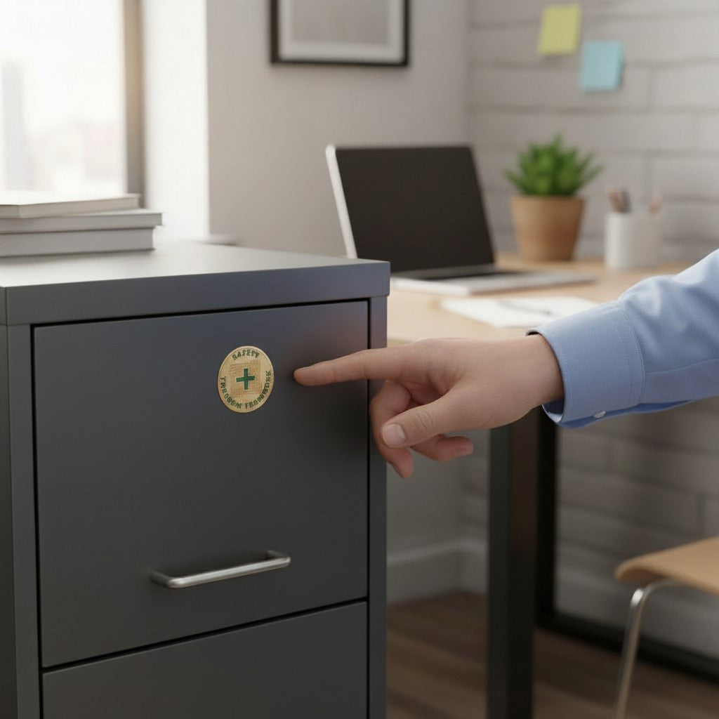 Metal Stickems round gold-tone metal sticker with green safety cross graphic applied to a grey office filing cabinet.