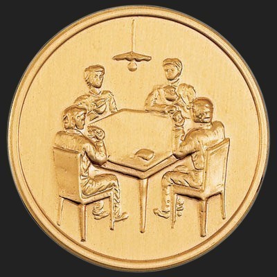 Metal Stickems 2-inch gold metal sticker featuring an embossed round table scene for personalizing smooth surfaces.