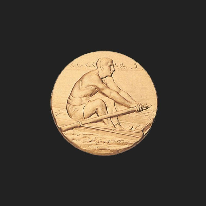 Metal Stickems 1-inch round adhesive sticker featuring an embossed gold-toned rowing athlete in motion.