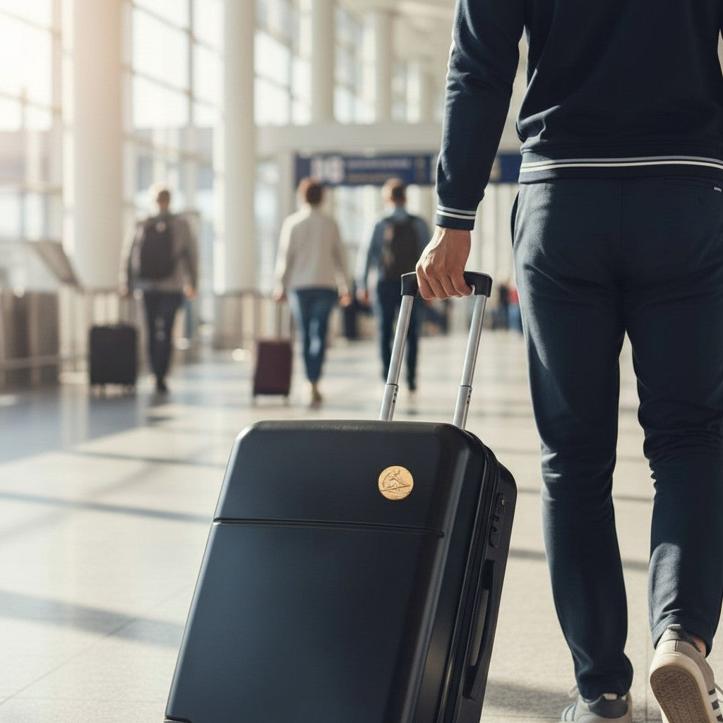 Metal Stickems rowing athlete decal on a black suitcase being pulled by a traveler in an airport terminal.