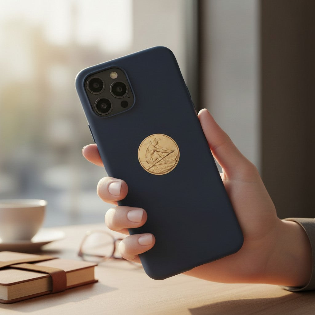 Metal Stickems gold rowing athlete emblem sticker applied to the back of a navy blue smartphone case
