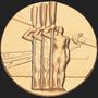 Metal Stickems 2-inch gold rowing team sticker featuring an embossed design of three rowers holding oars.