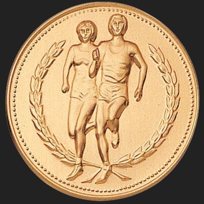 Metal Stickems 2-inch gold running achievement award sticker featuring two runners inside a laurel wreath design.