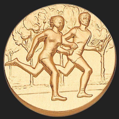 Metal Stickems 2-inch gold metal sticker featuring an embossed design of a couple running through a park.