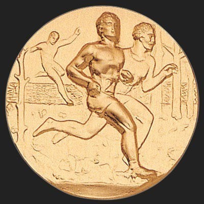 Metal Stickems 2-inch gold-tone adhesive medallion featuring a detailed relief design of runners in motion.
