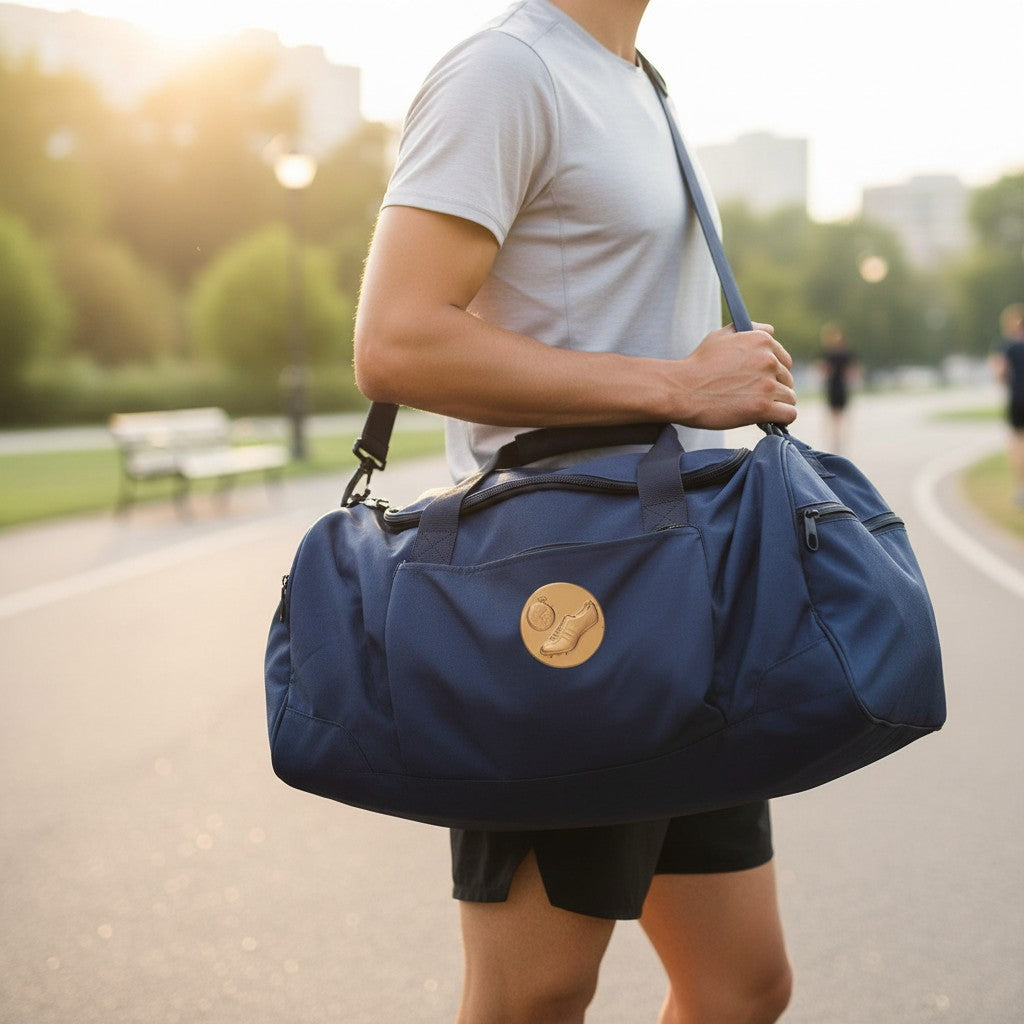 Metal Stickems running shoe and stopwatch metal sticker applied to a blue gym bag carried by a runner outdoors