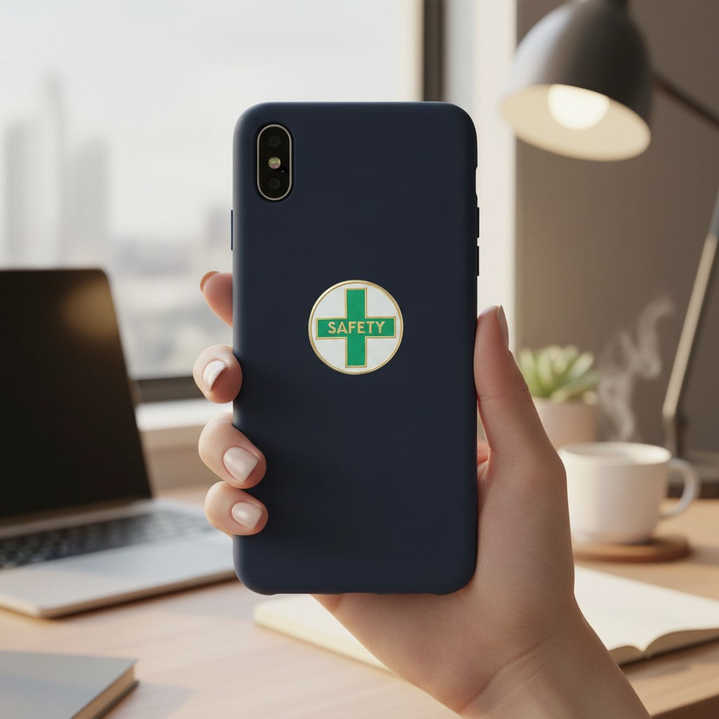 Metal Stickems 7/8 inch safety cross sticker with green cross and gold border applied to a dark blue phone case.