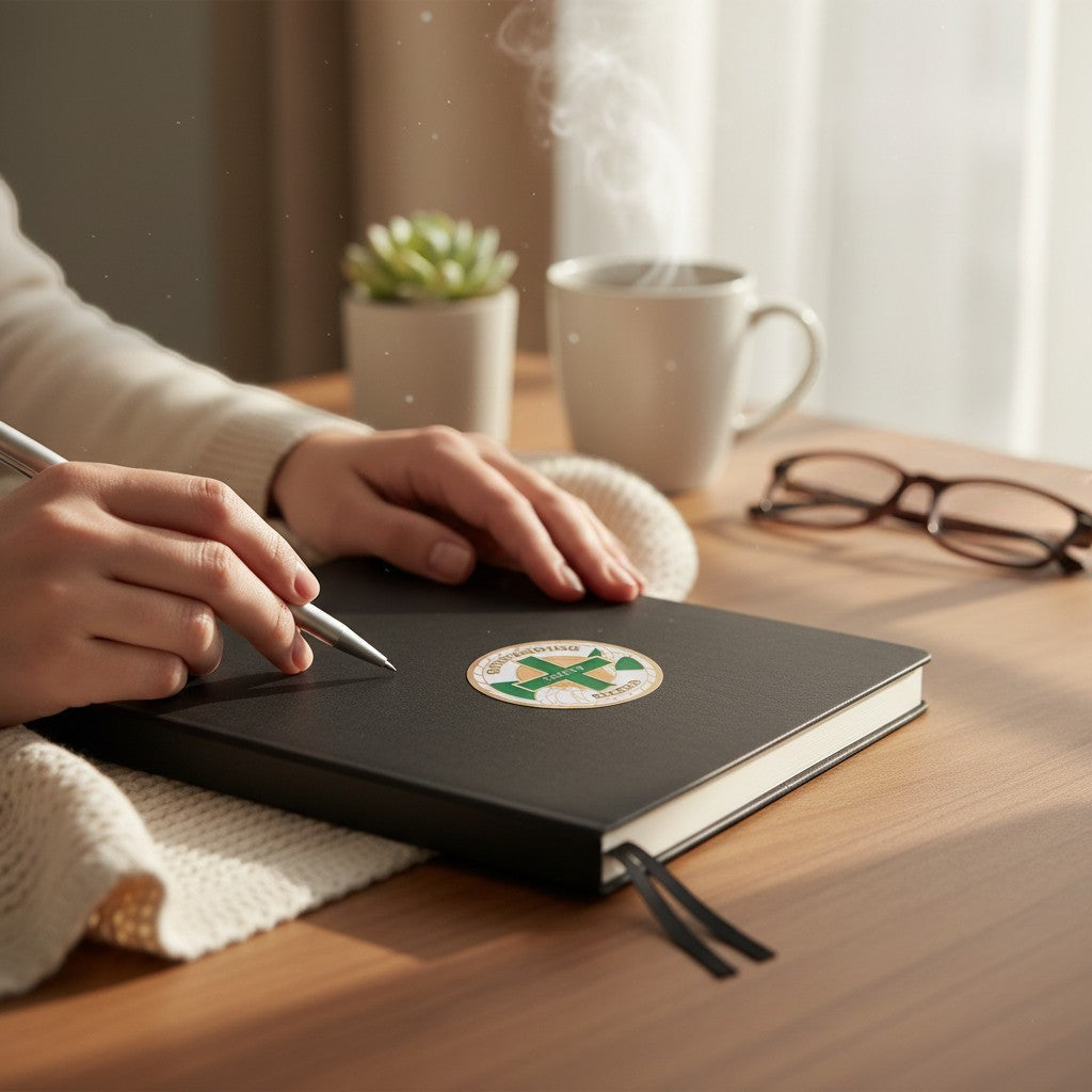 Metal Stickems 2-inch Outstanding Safety Record sticker with a green cross on a black notebook on a wooden desk.