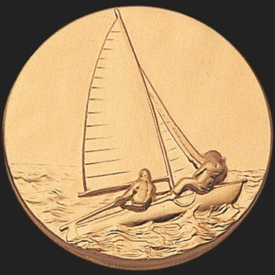 Metal Stickems 2-inch round sticker featuring an embossed gold-toned sailing boat design for nautical decor.