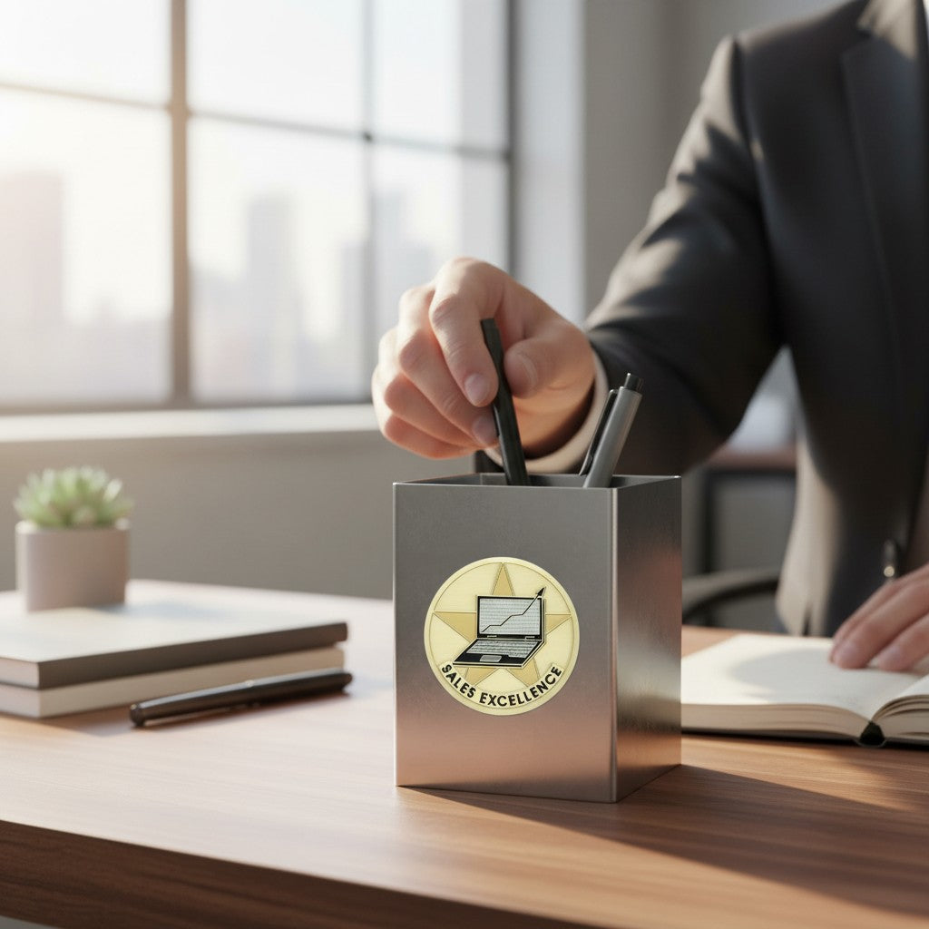 Metal Stickems 2-inch gold-tone Sales Excellence metal sticker applied to a modern desk pen holder in an office setting.