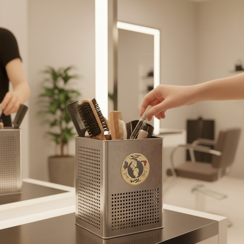 Metal Stickems 2-inch circular metal sticker with hair salon motif applied to a stainless steel tool holder in a salon.