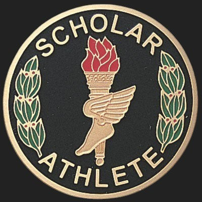 Metal Stickems 2-inch round scholar athlete emblem in black, gold, and green with a torch and winged foot design.