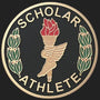 Metal Stickems 2-inch round scholar athlete emblem in black, gold, and green with a torch and winged foot design.