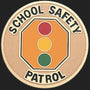 Metal Stickems 2-inch round School Safety Patrol sticker with a traffic light graphic on a metallic background.