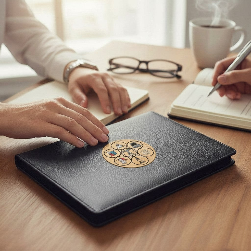 Metal Stickems science and technology metal sticker featuring icons of innovation on a black leather notebook.
