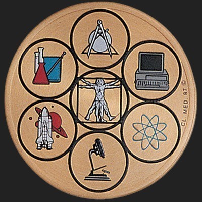 Metal Stickems science and technology decorative metal sticker featuring Vitruvian Man, space shuttle, and lab icons.