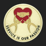 Metal Stickems 2-inch round gold-tone metal sticker with red heart, handshake, and Service Is Our Passion text.