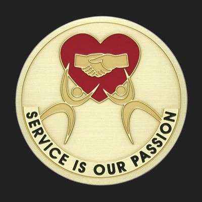 Metal Stickems 2-inch round gold-tone metal sticker with red heart, handshake, and Service Is Our Passion text.