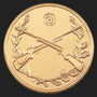 Metal Stickems 2-inch gold-tone adhesive emblem with embossed crossed rifles, target, and laurel leaf design.