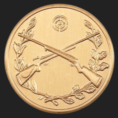 Metal Stickems 2-inch gold-tone adhesive emblem with embossed crossed rifles, target, and laurel leaf design.
